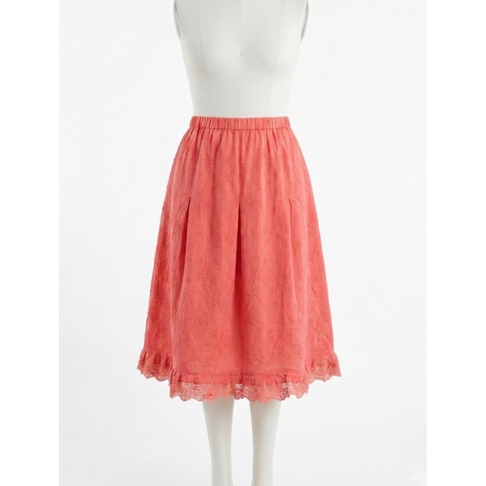 90s VTG Erin London Coral Embroidered Cotton Skirt 14P Lace Hem Cottagecore Boho